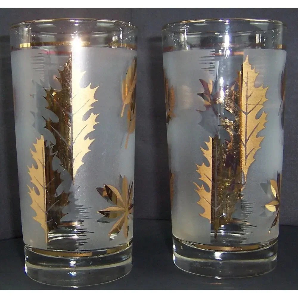 Vintage Libbey Golden Foliage Frosted Highball Glasses Gold Leaf MCM Set of 2